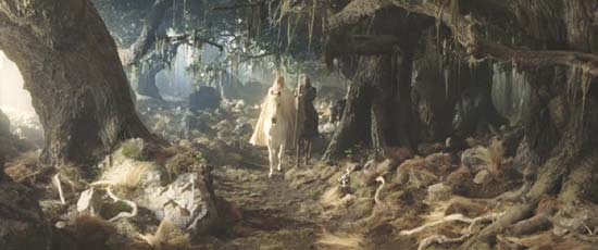 Lord of the Rings: The Return of the King: Gandalf on Shadowfax leads Legolas, Aragorn and Gimli through the forest.