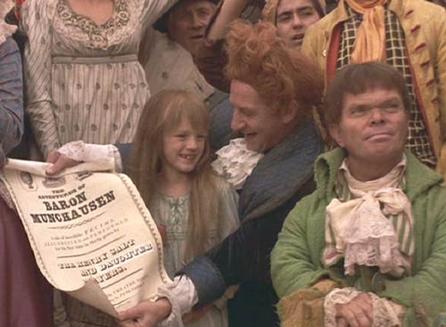 The Adventures of Baron Munchausen: Sally and her father, Henry Salt (Bill Paterson), who has replaced the word "son" with "daughter" on the flyer.