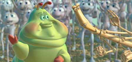 A Bug's Life: Heimlich (Joe Ranft) and Slim (David Hyde Pierce) waving to the ants.