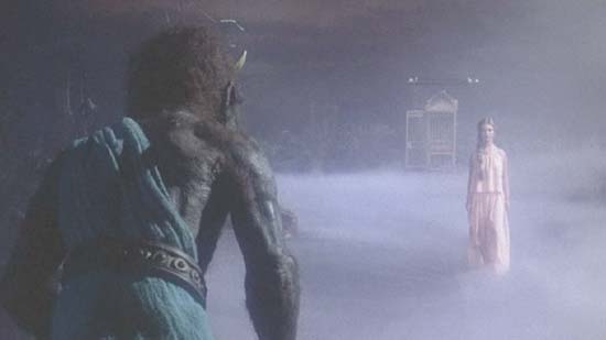 Clash of the Titans: Calibos, a stop-motion animated creature effect by Ray Harryhausen, awaits Andromeda's (played by Judi Bowker) return to the swamp.