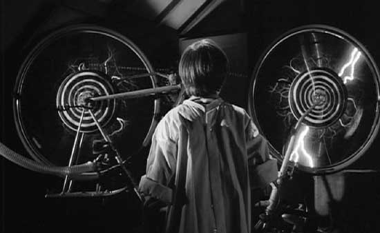 Frankenweenie: Victor in his lab (the attic) charging up the machine that will bring Sparky back to life.