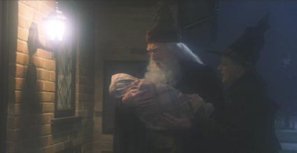 Harry Potter and the Sorcerer's Stone: Albus Dumbledore and Minerva McGonagall dropping off an orphaned Harry Potter at the home pf his muggle kin.