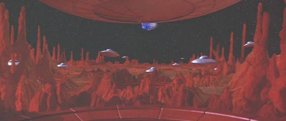 Mars Attacks: The martian fleet sets off during the opening credits.