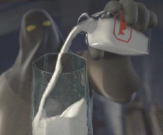 Shrek: Realistic computer-generated milk, poured by Thelonious.