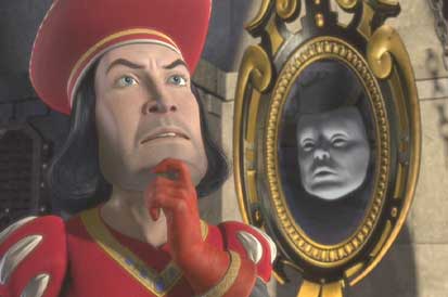 Shrek: Lord Farquaad (voiced by John Lithgow) contemplates the Magic Mirror's information.