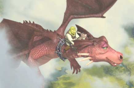 Shrek: Shrek (voiced by Mike Myers) and Donkey (voiced by Eddie Murphy) ride the Dragon to Dulac to try to stop the wedding.