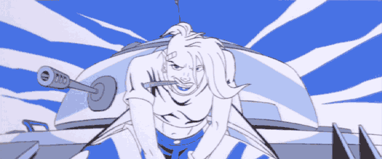 Tank Girl: Tank Girl straddling the big gun.