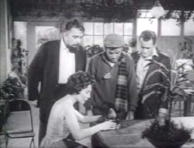 The Little Shop of Horrors (1960): Gravis Mushnik (Mel Welles) and Audrey (Jackie Joseph) marvel over Seymour's (Jonathan Haze) amazing new plant.